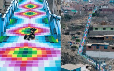 Traditional andean textiles in staircase murals in peru